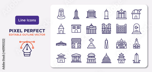 buildings outline icons set. thin line icons such as rapa nui, reserve bank, brandenburg gate, rialto bridge, gurdwara, chinese temple, buddhist temple, washington monument vector.