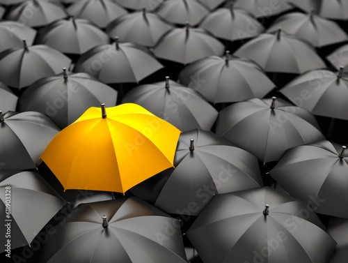 Be different concept  single yellow umbrella between many black ones on a rainy day. Choice  leadership. Ai Generative