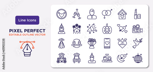 birthday and party outline icons set. thin line icons such as love plate, love house, party horn, wedding dress, just married, birthday boy, honeymoon, mirror ball vector. © IconArt