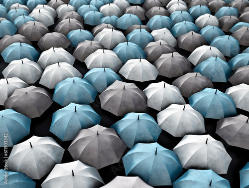 Be different and choice concept, many black umbrellas on a rainy day. Insurance, leadership. Ai Generative