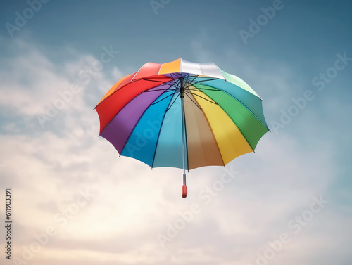 Rainbow colored umbrella in rainy cloudy background. Ai generative illustration
