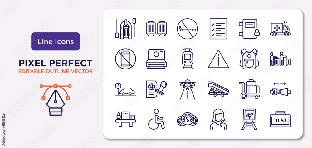 airport terminal outline icons set. thin line icons such as lifeboat, airpot cupboard, car trolley, parking square, luggage trolley, flight panel, train to the airport, terminal watch vector.