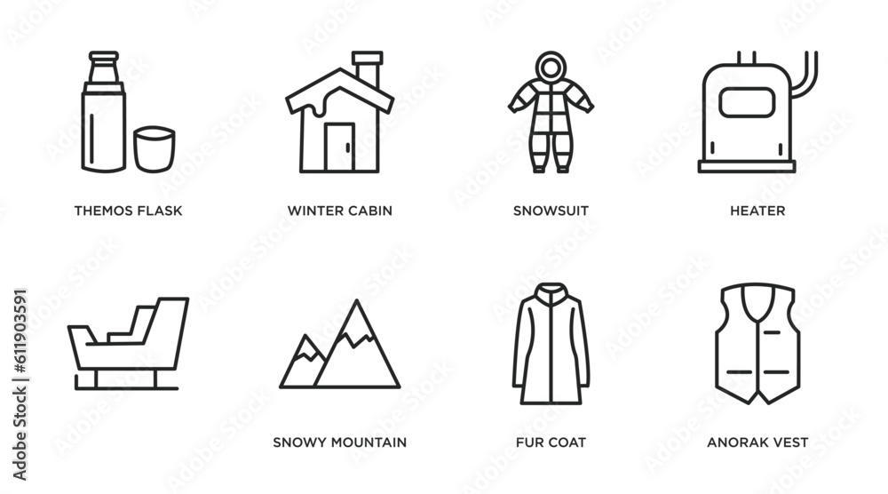 winter outline icons set. thin line icons such as themos flask, winter cabin, snowsuit, heater, , snowy mountain, fur coat, anorak vest vector. winter outline icons set. thin line icons such as themos flask, winter cabin, snowsuit, heater, , snowy mountain, fur coat, anorak vest vector.