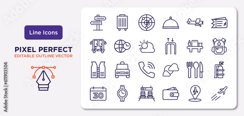 airport terminal outline icons set. thin line icons such as direction post, old plane, sunny day, lifesaver best, clutery for lunch, waiting for flight, airport placeholder, plane flying vector. photo