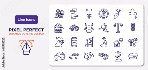 agriculture farming outline icons set. thin line icons such as farm, seed, ox, rooster, greenhouse, vegetable, smart farm, trough vector.