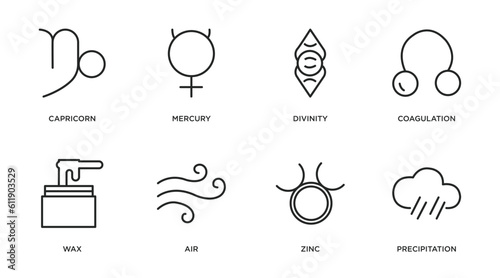 zodiac outline icons set. thin line icons such as capricorn, mercury, divinity, coagulation, wax, air, zinc, precipitation vector.