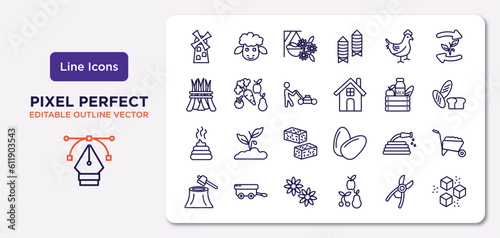 agriculture farming outline icons set. thin line icons such as flour mill, hen, lawnmower, manure, hose, spring flower, shears, sugar vector.