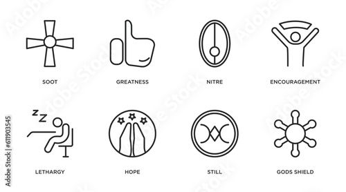 zodiac outline icons set. thin line icons such as soot, greatness, nitre, encouragement, lethargy, hope, still, gods shield vector.