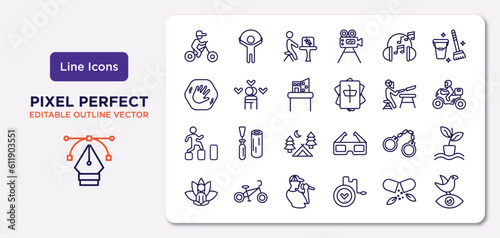 activity and hobbies outline icons set. thin line icons such as biking, listening music, model building, parkour, arrest, beatboxing, vitamin, bird watching vector.