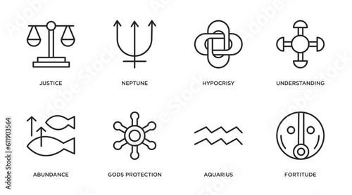 zodiac outline icons set. thin line icons such as justice, neptune, hypocrisy, understanding, abundance, gods protection, aquarius, fortitude vector.
