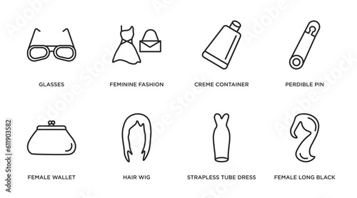 woman clothing outline icons set. thin line icons such as glasses, feminine fashion, creme container black, perdible pin, female wallet, hair wig, strapless tube dress, female long black hair