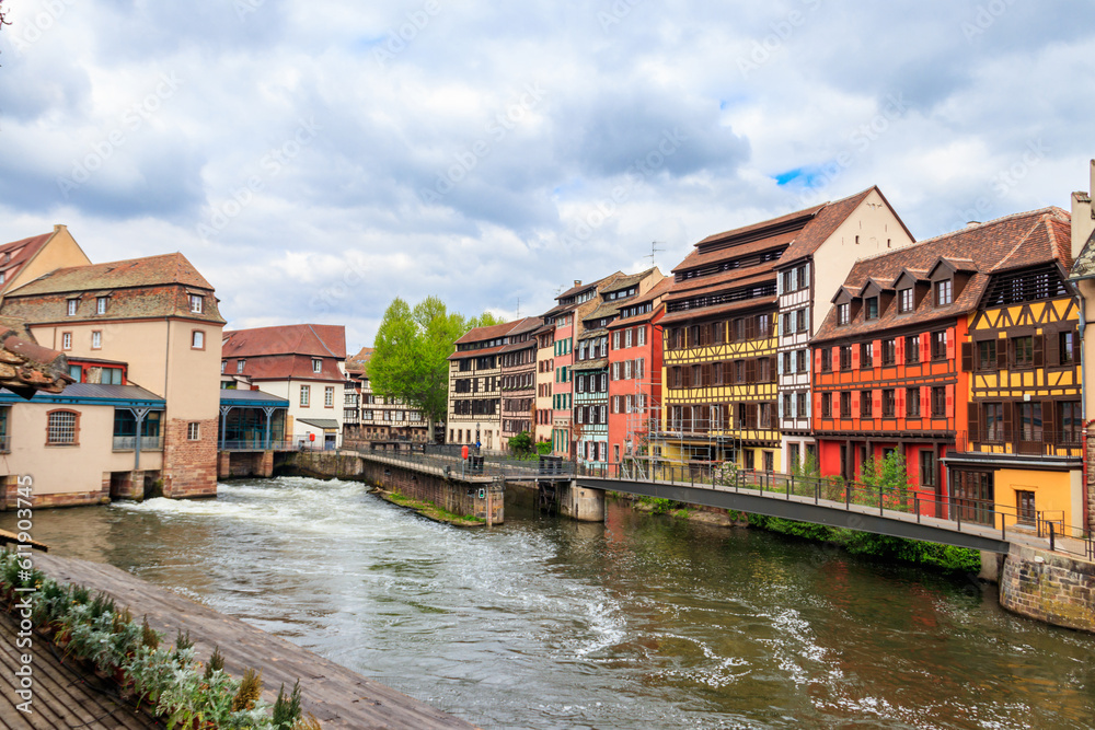 Traditional half-timbered houses on the canals district Petite France in Strasbourg, Alsace, France.  UNESCO World Heritage Site