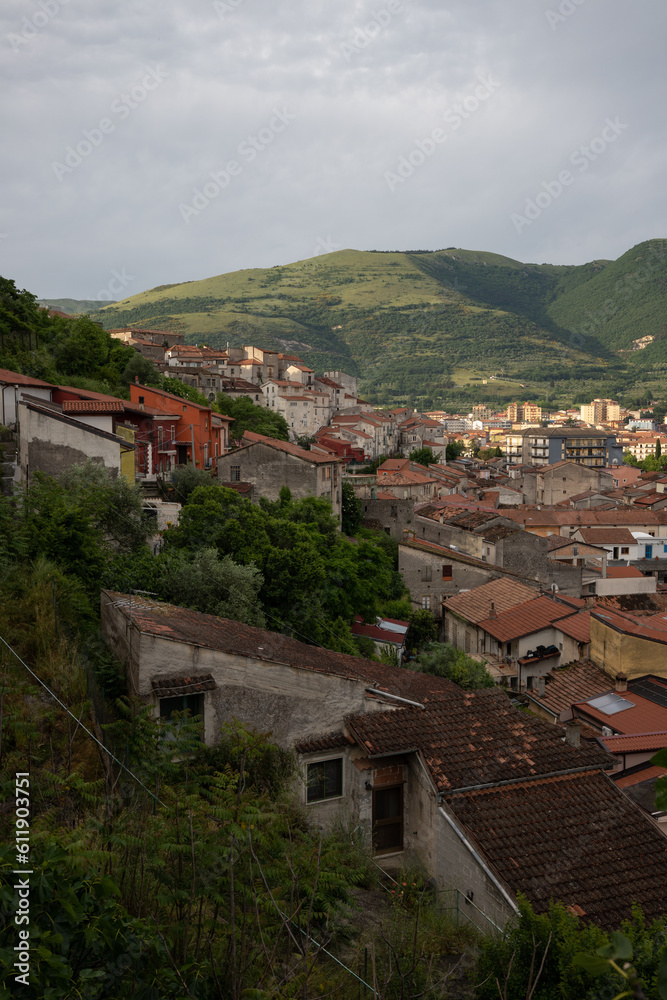 Italian mountain village, immersed in nature, amazing views of the countryside of Polla, Campania, Salerno, Italy