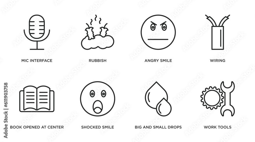 user interface outline icons set. thin line icons such as mic interface, rubbish, angry smile, wiring, book opened at center, shocked smile, big and small drops, work tools vector.