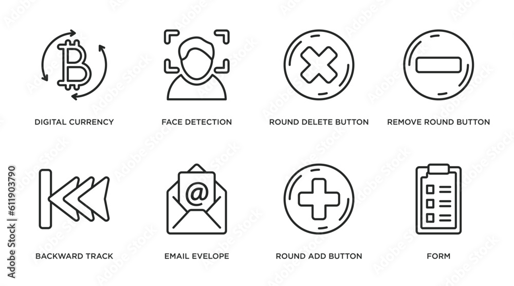 user interface outline icons set. thin line icons such as digital currency, face detection, round delete button, remove round button, backward track, email evelope, round add button, form vector. user interface outline icons set. thin line icons such as digital currency, face detection, round delete button, remove round button, backward track, email evelope, round add button, form vector.