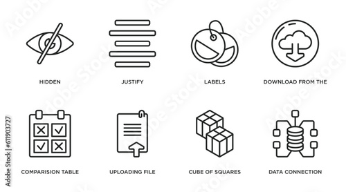 user interface outline icons set. thin line icons such as hidden, justify, labels, download from the cloud, comparision table, uploading file, cube of squares, data connection vector.