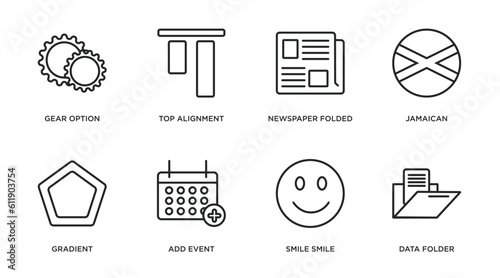 user interface outline icons set. thin line icons such as gear option, top alignment, newspaper folded, jamaican, gradient, add event, smile smile, data folder vector.