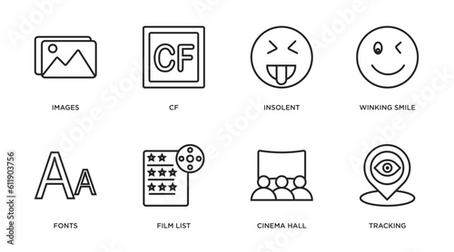 user interface outline icons set. thin line icons such as images, cf, insolent, winking smile, fonts, film list, cinema hall, tracking vector.