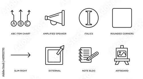 user interface outline icons set. thin line icons such as abc item chart, amplified speaker, italics, rounded corners square, slim right, external, note blog, artboard vector.