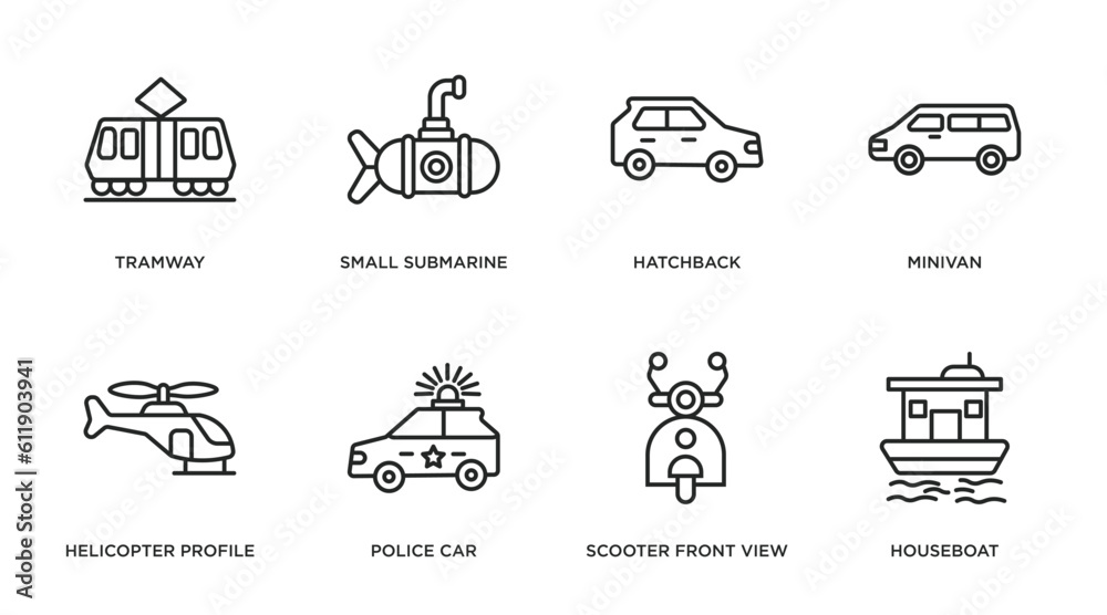 transportation outline icons set. thin line icons such as tramway, small submarine, hatchback, minivan, helicopter profile, police car, scooter front view, houseboat vector.