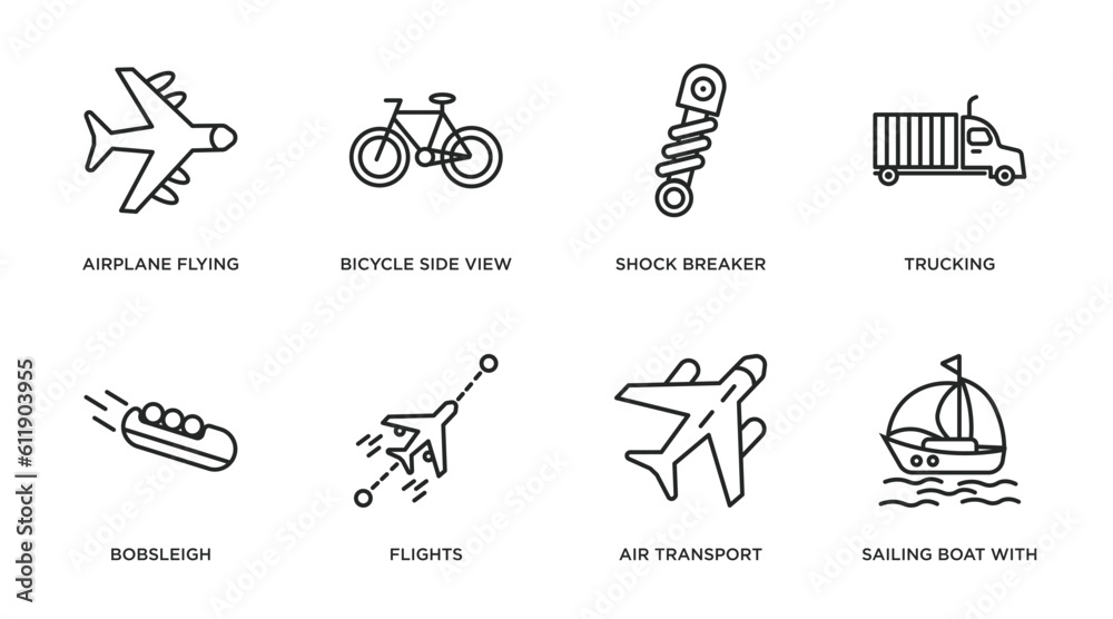 transport outline icons set. thin line icons such as airplane flying, bicycle side view, shock breaker, trucking, bobsleigh, flights, air transport, sailing boat with veils vector.