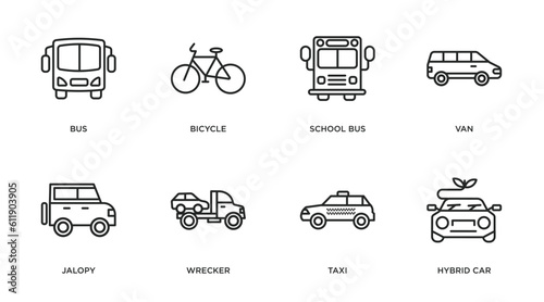 transportation outline icons set. thin line icons such as bus, bicycle, school bus, van, jalopy, wrecker, taxi, hybrid car vector. photo