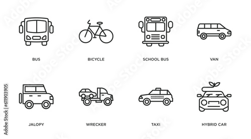 transportation outline icons set. thin line icons such as bus, bicycle, school bus, van, jalopy, wrecker, taxi, hybrid car vector.