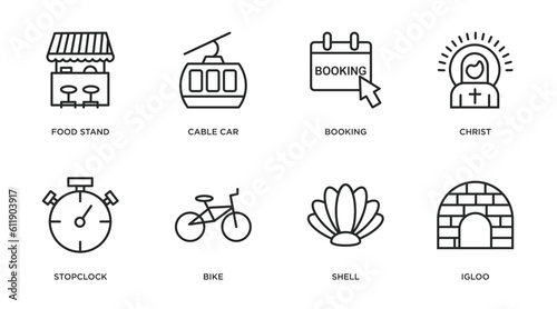 travel outline icons set. thin line icons such as food stand, cable car, booking, christ, stopclock, bike, shell, igloo vector.