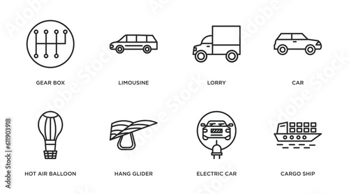 transportation outline icons set. thin line icons such as gear box, limousine, lorry, car, hot air balloon, hang glider, electric car, cargo ship vector.