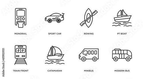 transportation outline icons set. thin line icons such as monorail, sport car, rowing, pt boat, train front, catamaran, minibus, modern bus vector.