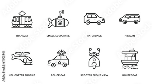 transportation outline icons set. thin line icons such as tramway, small submarine, hatchback, minivan, helicopter profile, police car, scooter front view, houseboat vector.
