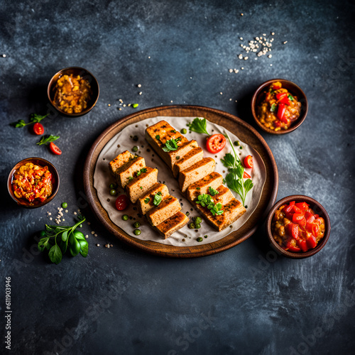 Grilled tempeh with tomatoes on a wooden plate. Generative AI