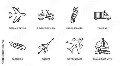transport outline icons set. thin line icons such as airplane flying, bicycle side view, shock breaker, trucking, bobsleigh, flights, air transport, sailing boat with veils vector.