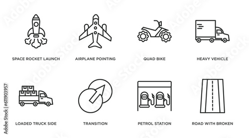 transport outline icons set. thin line icons such as space rocket launch, airplane pointing up, quad bike, heavy vehicle, loaded truck side view, transition, petrol station, road with broken lines