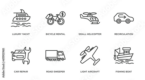transport outline icons set. thin line icons such as luxury yacht, bicycle rental, small helicopter, recirculation, car repair, road sweeper, light aircraft, fishing boat vector.