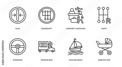 transport outline icons set. thin line icons such as slim, gearshift, airport checking, shift, steering, prison bus, sailing boat, babysitter vector.