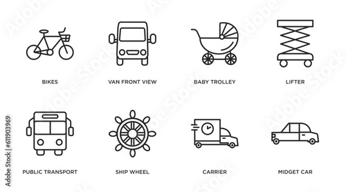 transport outline icons set. thin line icons such as bikes, van front view, baby trolley, lifter, public transport, ship wheel, carrier, midget car vector.