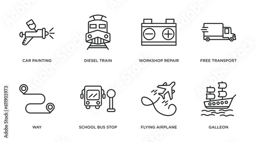 transport outline icons set. thin line icons such as car painting, diesel train, workshop repair, free transport, way, school bus stop, flying airplane, galleon vector.
