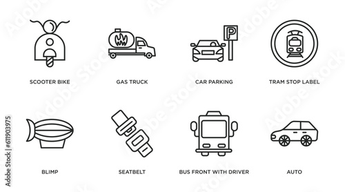 transport outline icons set. thin line icons such as scooter bike, gas truck, car parking, tram stop label, blimp, seatbelt, bus front with driver, auto vector.