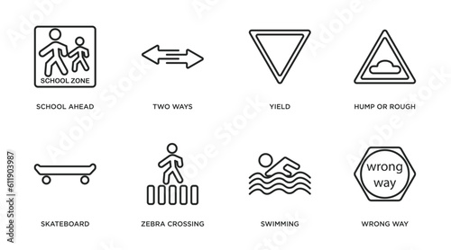 traffic signs outline icons set. thin line icons such as school ahead, two ways, yield, hump or rough, skateboard, zebra crossing, swimming, wrong way vector.