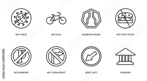 traffic signs outline icons set. thin line icons such as no virus, bicycle, narrow road, no fast food, no parking, turn right, keep left, museum vector.