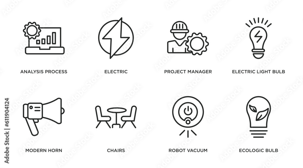 technology outline icons set. thin line icons such as analysis process, electric, project manager, electric light bulb, modern horn, chairs, robot vacuum, ecologic bulb vector.