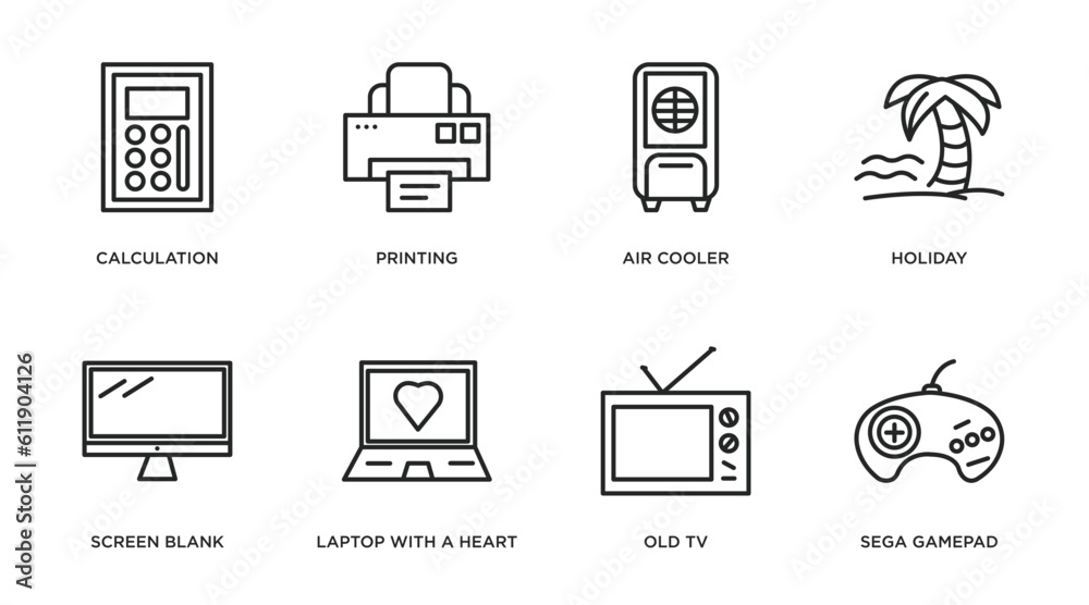 technology outline icons set. thin line icons such as calculation, printing, air cooler, holiday, screen blank, laptop with a heart, old tv, sega gamepad vector. technology outline icons set. thin line icons such as calculation, printing, air cooler, holiday, screen blank, laptop with a heart, old tv, sega gamepad vector.