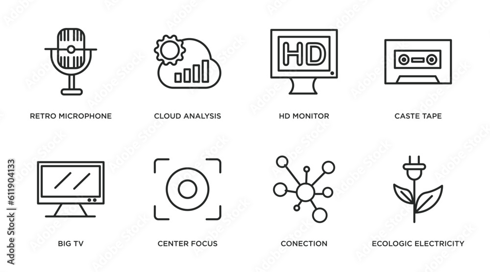 technology outline icons set. thin line icons such as retro microphone, cloud analysis, hd monitor, caste tape, big tv, center focus, conection, ecologic electricity vector.