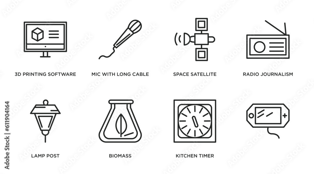 technology outline icons set. thin line icons such as 3d printing software, mic with long cable, space satellite, radio journalism, lamp post, biomass, kitchen timer, vector. technology outline icons set. thin line icons such as 3d printing software, mic with long cable, space satellite, radio journalism, lamp post, biomass, kitchen timer, vector.