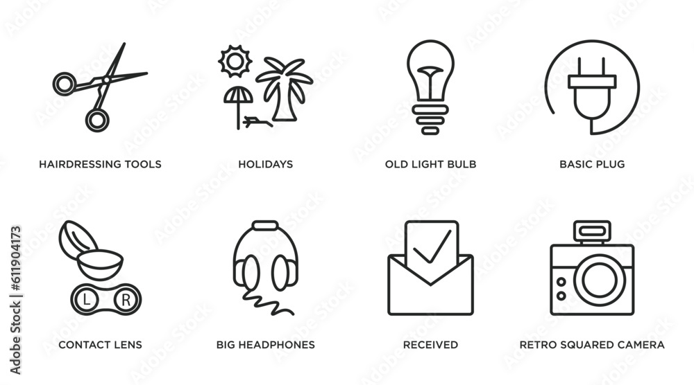 technology outline icons set. thin line icons such as hairdressing tools, holidays, old light bulb, basic plug, contact lens, big headphones, received, retro squared camera vector. technology outline icons set. thin line icons such as hairdressing tools, holidays, old light bulb, basic plug, contact lens, big headphones, received, retro squared camera vector.