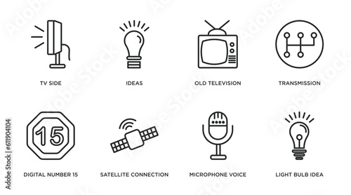 technology outline icons set. thin line icons such as tv side, ideas, old television, transmission, digital number 15, satellite connection, microphone voice, light bulb idea vector.
