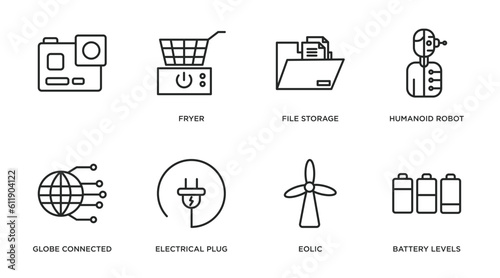 technology outline icons set. thin line icons such as , fryer, file storage, humanoid robot, globe connected circuit, electrical plug, eolic, battery levels vector.