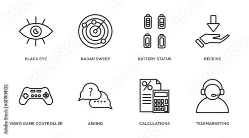 technology outline icons set. thin line icons such as black eye, radar sweep, battery status, receive, video game controller, asking, calculations, telemarketing vector.