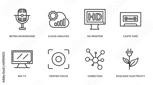 technology outline icons set. thin line icons such as retro microphone, cloud analysis, hd monitor, caste tape, big tv, center focus, conection, ecologic electricity vector.